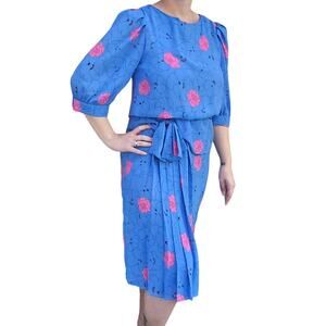 80s 90s J.B. Too Midi Blouson Blue Pink Stretch Waist Dress Bow Shoulder Pads 14